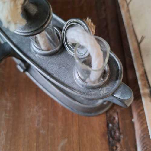 Decorative candle holder used, tin with 5 glass wick holders