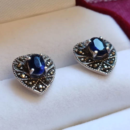 Silver 925 earrings with sapphire and marcasites, like new, vintage