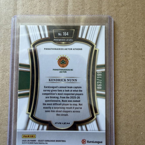 Panini Select EuroLeague Premier Level Kendrick Nunn card like new Panathinaikos