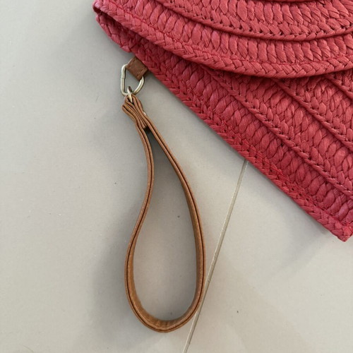 Straw clutch bag, dark red with strap