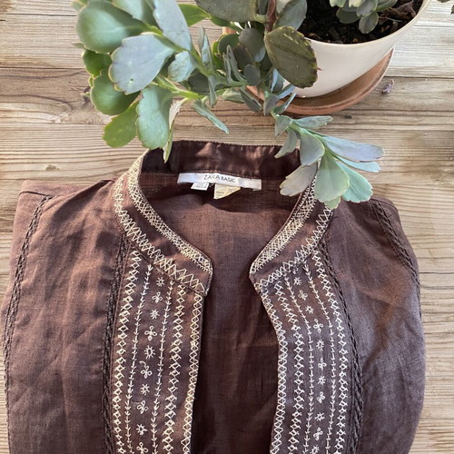 Zara Ramie Linen-Look Tunic Blouse like new, brown, small-medium