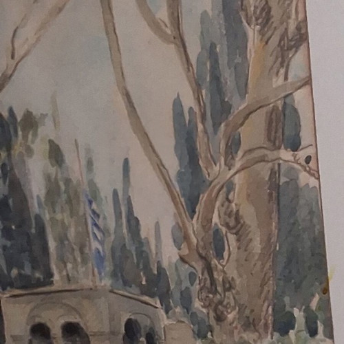 Evangelos Klonaridis Signed Watercolor Greek Festival Monastery Scene