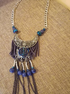 Boho handmade necklace in inox, leather and blue pearls like new