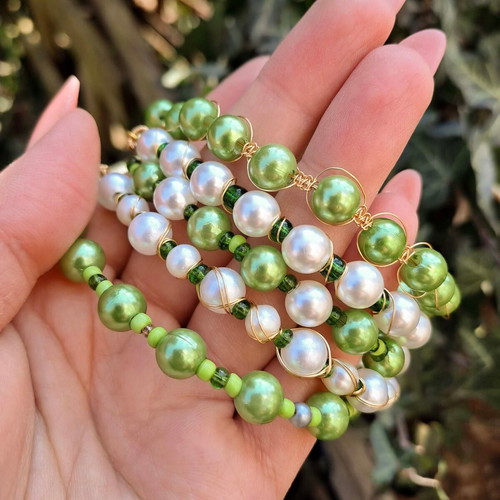 Fairycore bracelet set with green beads and pearls new