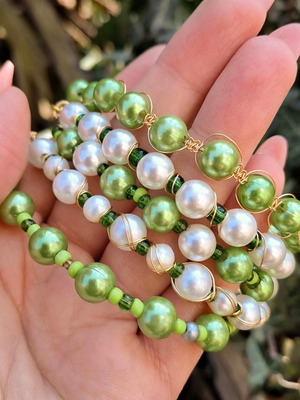 Fairycore bracelet set with green beads and pearls new