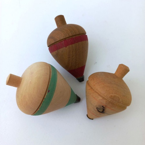 Set of 3 old wooden spinning tops like new