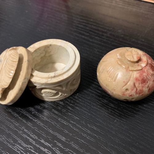 Vintage pill boxes used, pack of 10 with carved stone and semi-precious stones