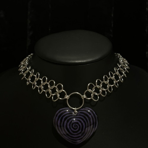 Chainmail Spiral Heart Necklace handmade, black and purple