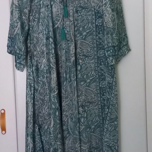 Summer silk dress like new, petrol-green-beige pattern, sizes M-L