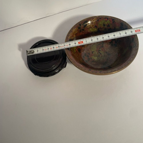 Cloisonné decorative bowl vintage with colorful flowers on wooden base like new