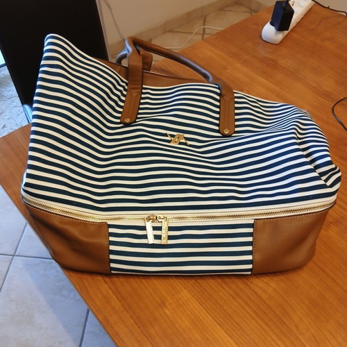 Verde beach bag, expandable with bottom zipper, white and blue