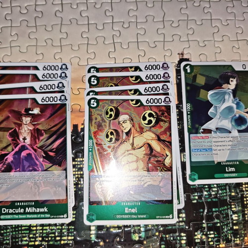 One Piece Odyssey playset with Mihawk, Enel, Lim cards