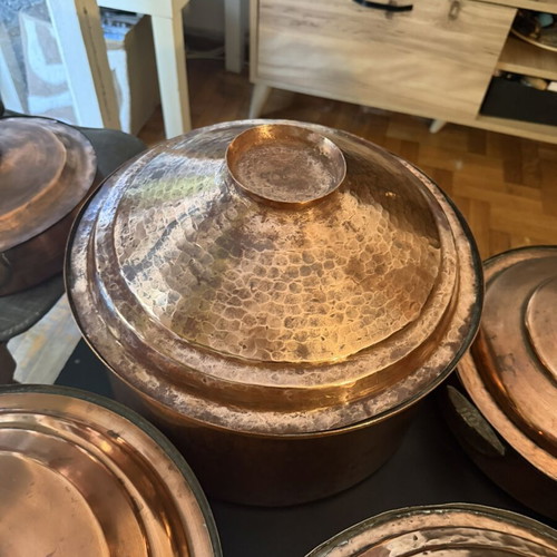 Copper cookware collection like new with embossed Justice decorative plate