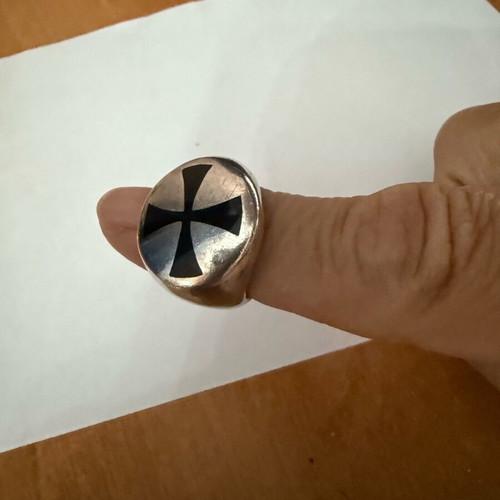 Silver ring with black enamel cross like new
