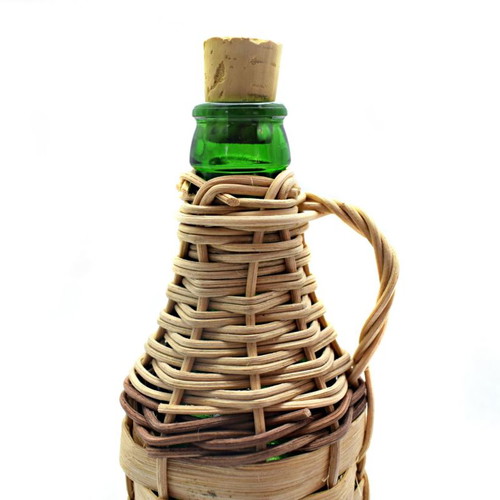 Small damigiana with wickerwork new, 20cm height, green glass
