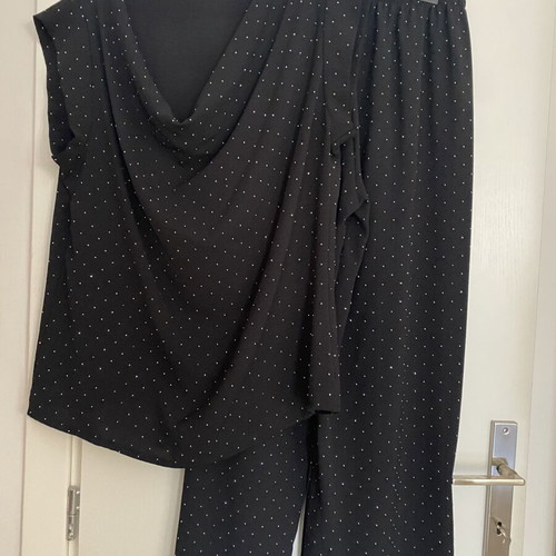 Draped pants and blouse set with rhinestones, like new, black, medium to XL