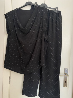 Draped pants and blouse set with rhinestones, like new, black, medium to XL