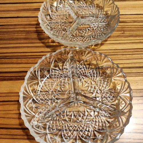 Carved crystal nut plates set of 2 like new, with 3 compartments