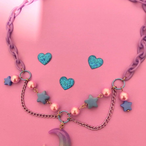 Choker Necklace Moon new handmade with star beads and lilac chain