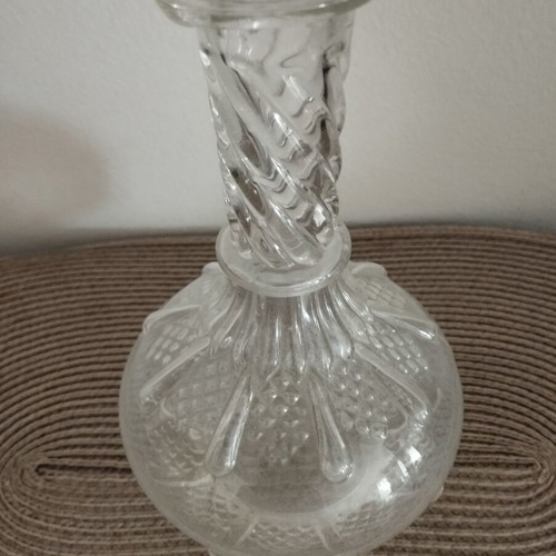 Carafe antique glass with decorative designs and original stopper, used