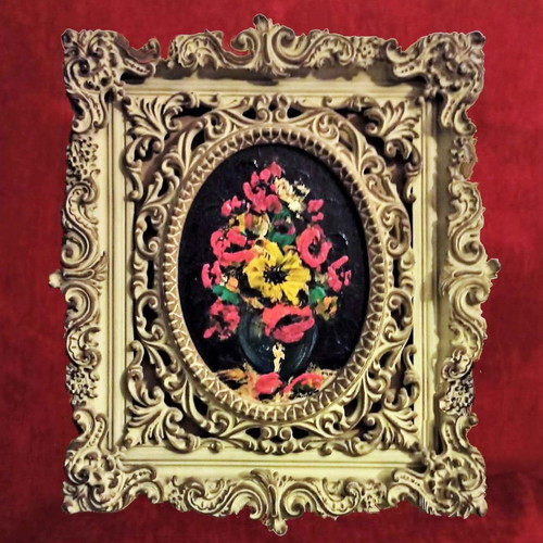 Signed painting flowers in vase like new with handmade carved frame