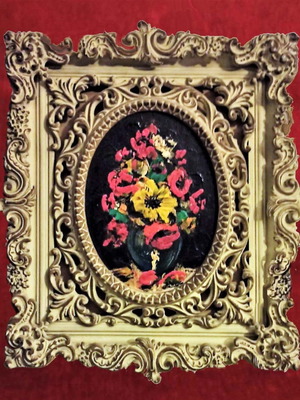 Signed painting flowers in vase like new with handmade carved frame