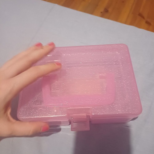 Barbie plastic vanity case, translucent pink with glitter