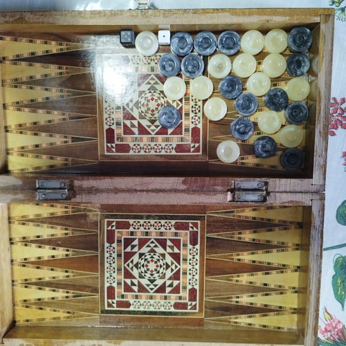 Handmade backgammon with mother-of-pearl small new from solid wood