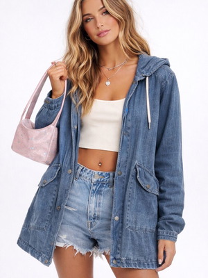 Roxy Denim Hooded Parka Jacket Y2K like new, size L, blue