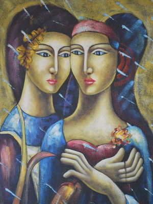 Oil painting on canvas with female figures like new, 50x40 cm