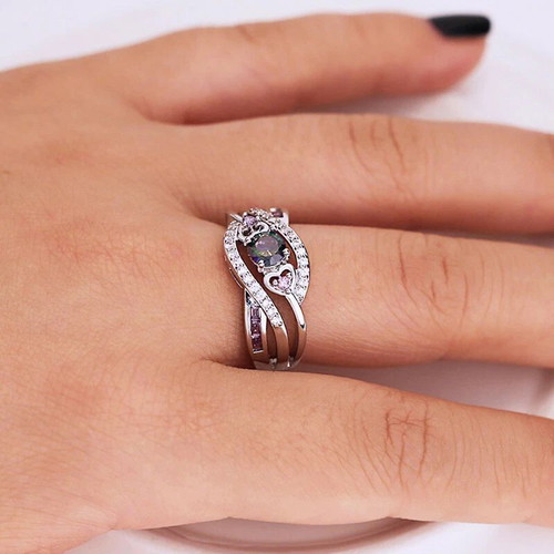 Aquamarine ring with violet zirconia new, silver plated metal