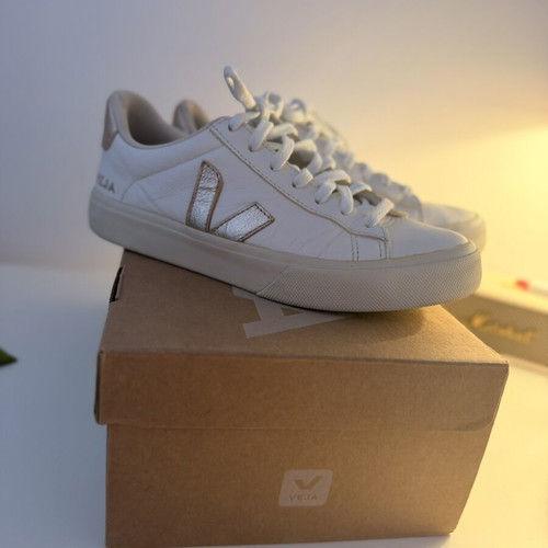 Veja Campo sneakers used, white and beige with rose gold details
