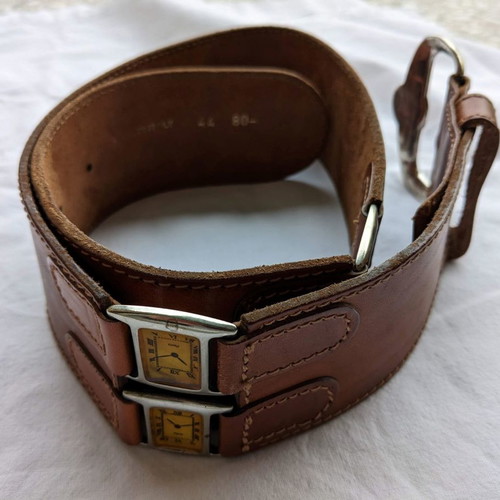 Leather belt with watches vintage used, size XS