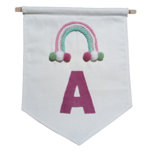 Fabric banner personalized with rainbow and monogram for little girl (34 x 26 cm)