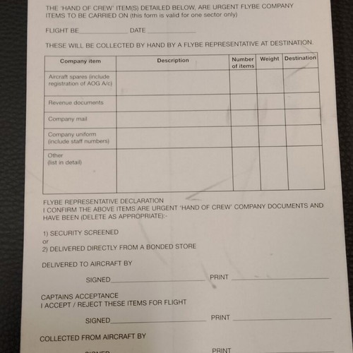Flybe Hand of Crew Declaration Item new, collectible aviation block