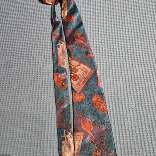 Vintage silk tie used, orange and turquoise
