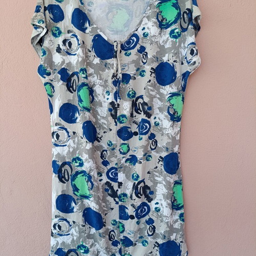 Summer dress tunic with abstract print, blue green gray white, XXL