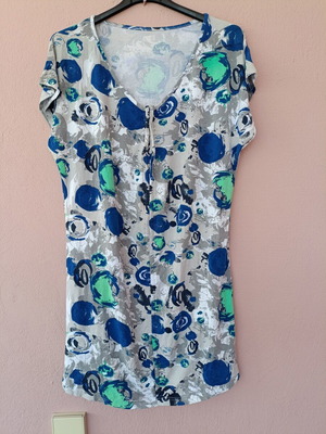 Summer dress tunic with abstract print, blue green gray white, XXL