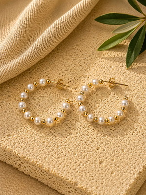 Pearl hoop earrings new, stainless steel with gold details