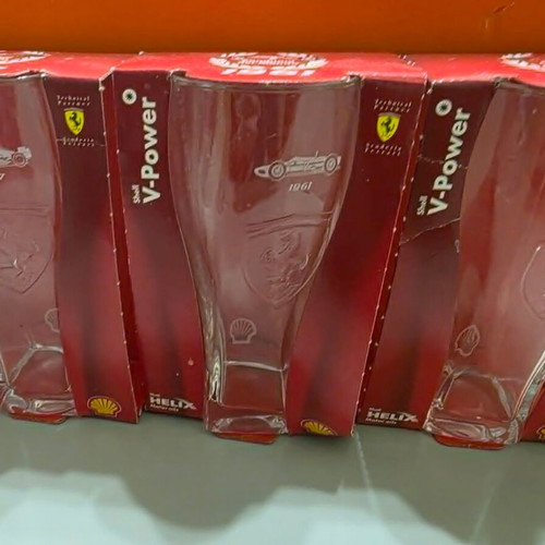 Set of 5 large collectible Ferrari and Athens 2004 glasses