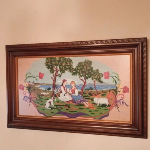 Vintage Handmade Gobelin Embroidery in Solid Walnut Frame 120 x 55
