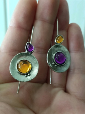 Boho women's asymmetrical matte oxidized earrings with amethyst and amber stones, steel new