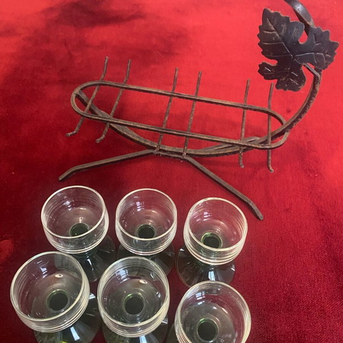 Vintage metal stand with six hanging liqueur glasses like new