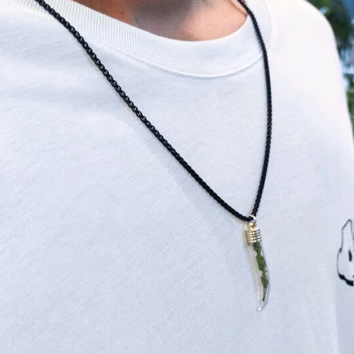 Handmade unisex terrarium necklace with canine tooth and black snake chain