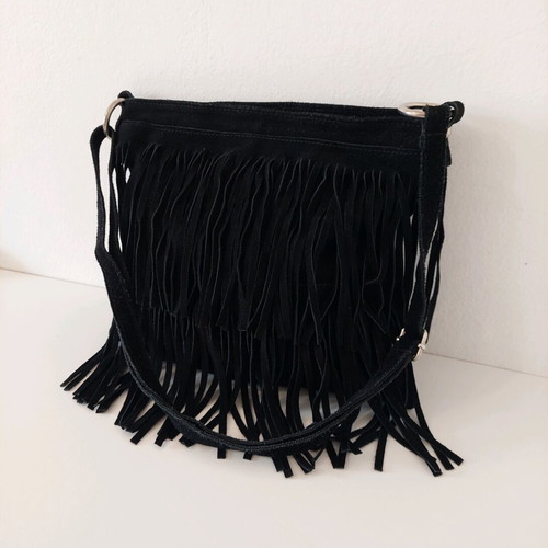 Genuine Leather crossbody bag used with fringes, black suede