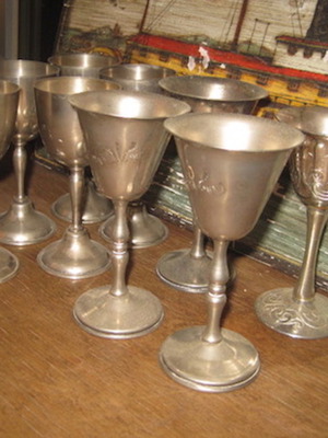 Metallic liqueur glasses used, set of 9, silver-plated