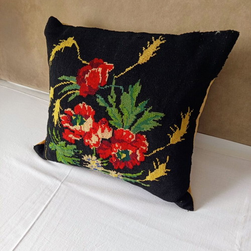 Vintage decorative sofa pillow with handmade embroidery and buttons used