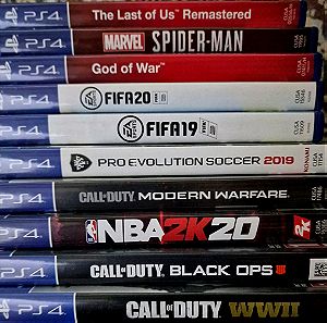 PS4 Games. The Last Of Us(Rem.)(25), God Of War4(15), COD WWII(20),COD BO4(15), COD MW(25), NBA20(25), Fifa19&20(20,25),PES19(10)