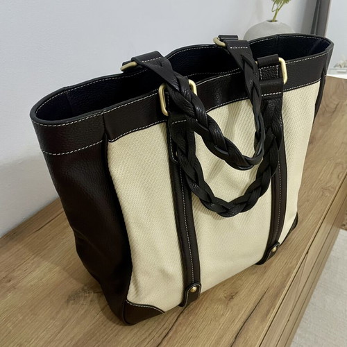 Massimo Dutti leather and cotton tote bag, dark brown and ecru