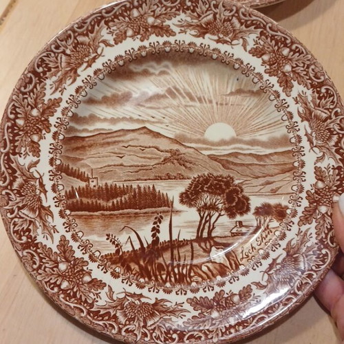 Vintage English Ironstone Loch Shin Plates set of 2 used, brown transferware
